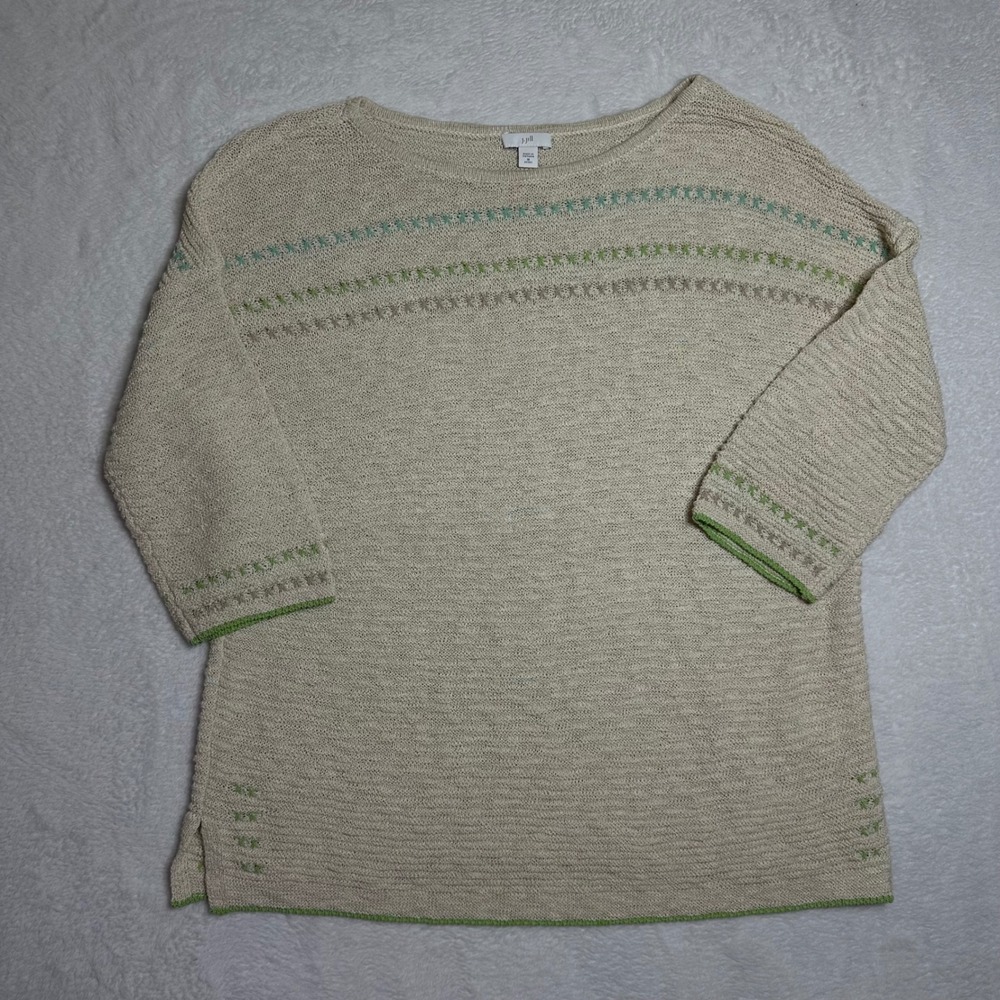 J. Jill Beige Floral Embroidered Sweater 3/4 Sleeve Knit Medium Coastal Boho